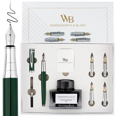 Wordsworth Black Fountain Pen Gift Set with Ink 6 Ink Ink Refill and 4 Replacement Premium for and Smooth Writing & Bottle, Cartridges, Converter,