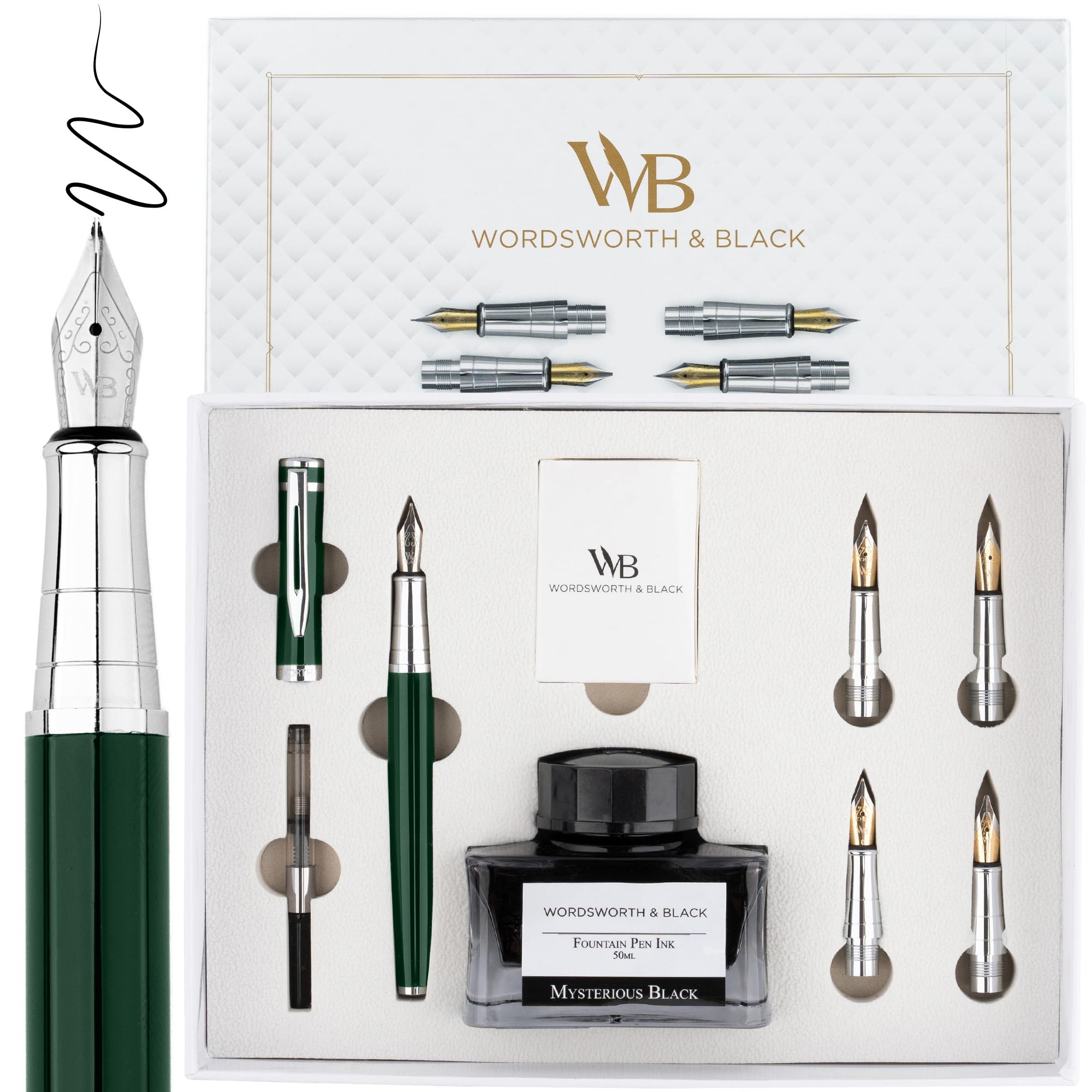 

Wordsworth Black Fountain Pen Gift Set with Ink 6 Ink Ink Refill and 4 Replacement Premium for and Smooth Writing & Bottle, Cartridges, Converter,