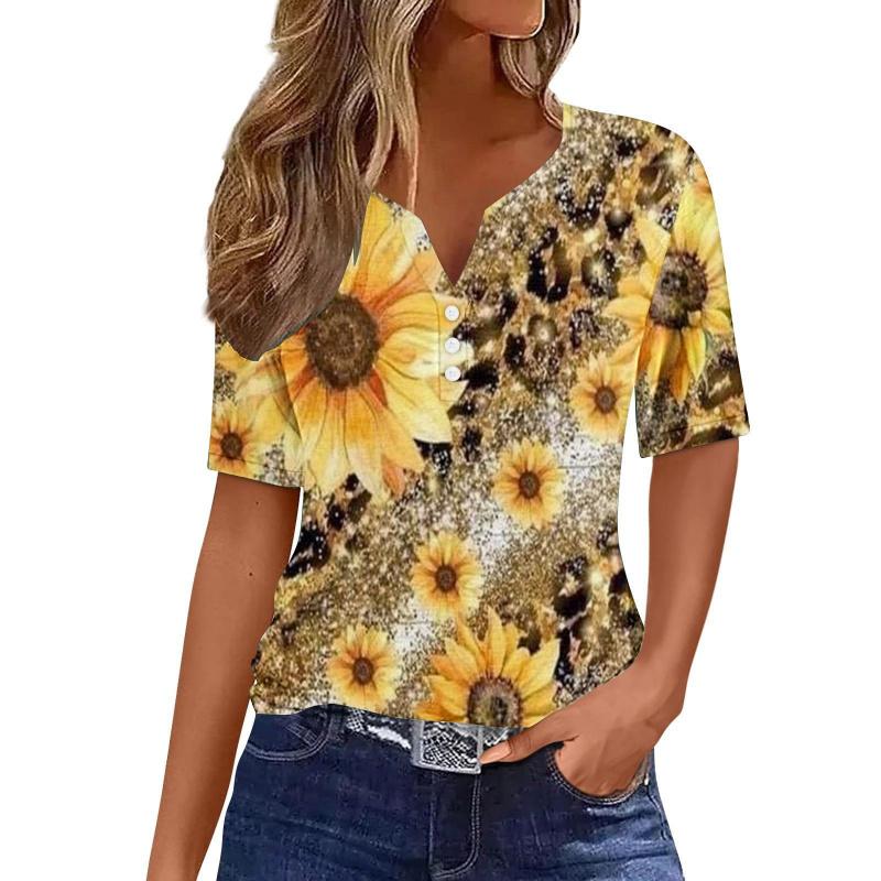 Summer Fashion 2026 New Women's Clothing 3D Butterfly Print V-Neck Three-Button Short Sleeve T-Shirt