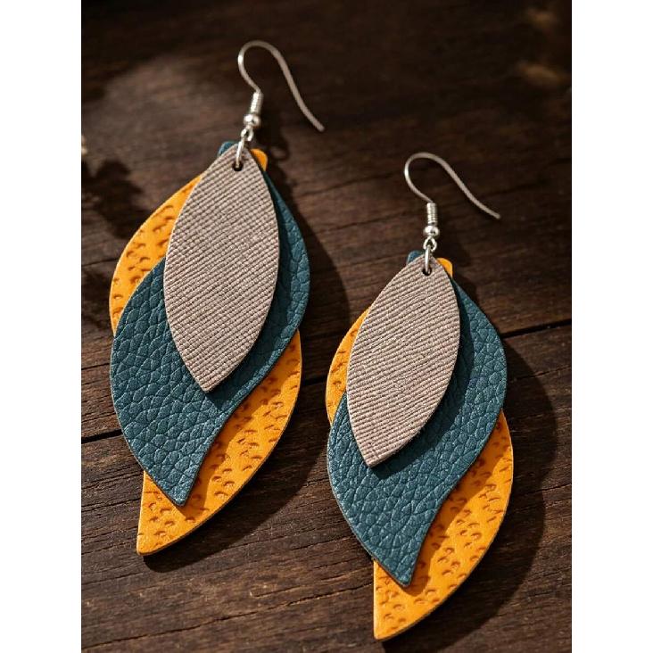 1 Pair Creative Multi-Layer S-Shaped Leaf Leather Earrings, Vintage 3-Layer PU Leather Earrings For Women, Gift Earrings