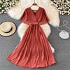 Summer Women's V-neck Short-sleeved Dress Knee-length Slim Temperament Waist Tie Large Swing Pleated Long Dress