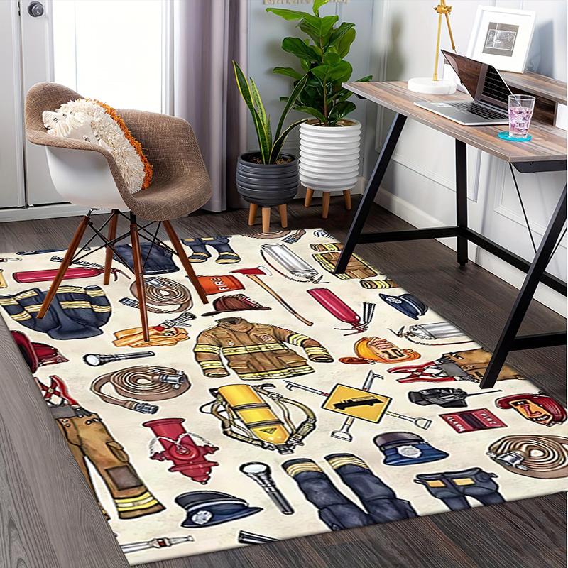 Firefighter Chair Mat: Fireman s Gear & Equipment Decor for Home Office,Living Room,Bedroom - Gift Idea with Fire Extinguisher,Axes,Boots,an 100cm x 120cm