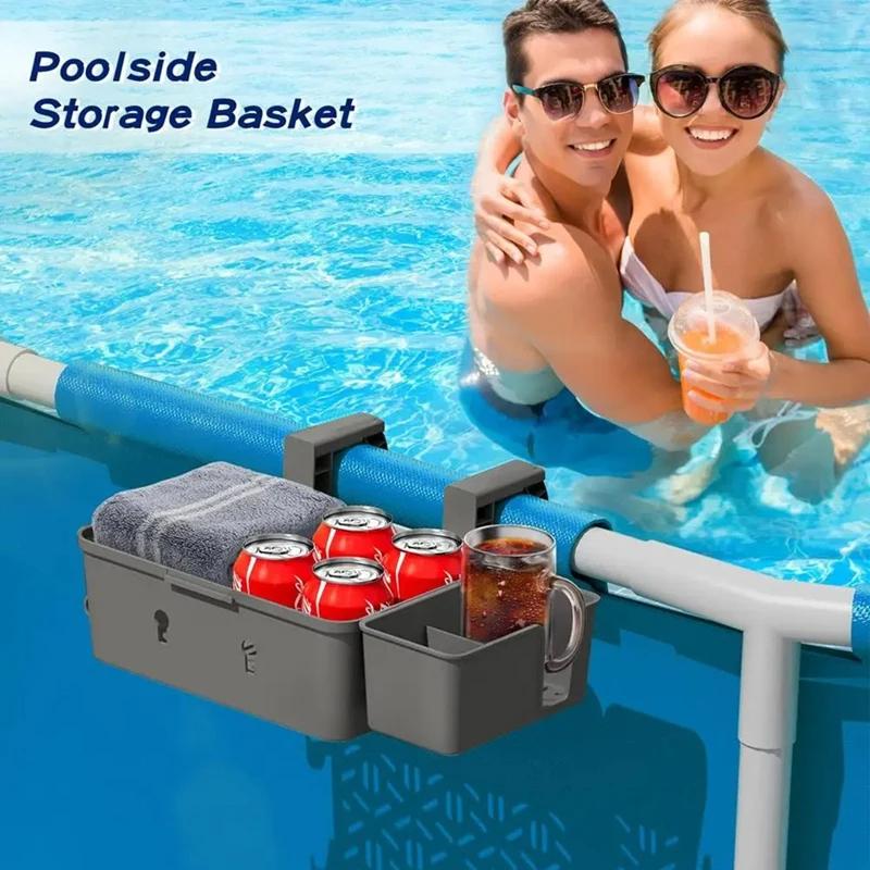 Outdoor Swimming Poolside Storage Basket with Pool Cup Holder, Thickened Plastic Pool Basket for Above Ground Pool Accessories