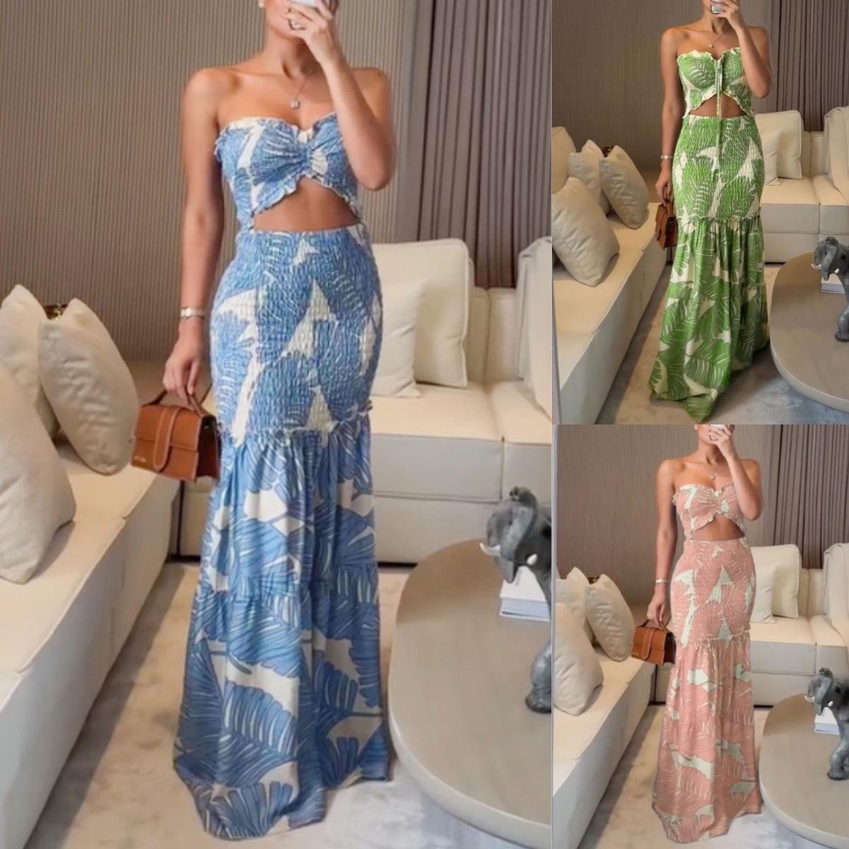 

Women s Floral Print Off Shoulder Crop Top with Mermaid Skirt Set, Leaf Pattern, Blue Green Pink S синій