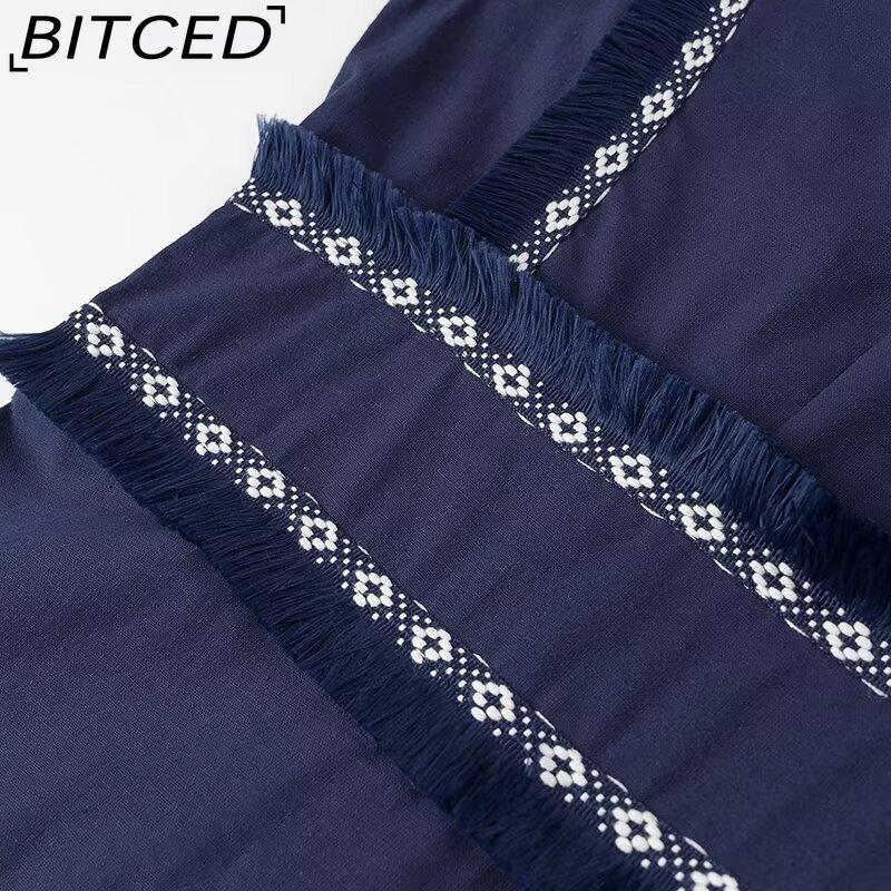 BITCED Damen Sommer Mode V-Ausschnitt Fransen Patchwork Maxikleid mit vollem Rock