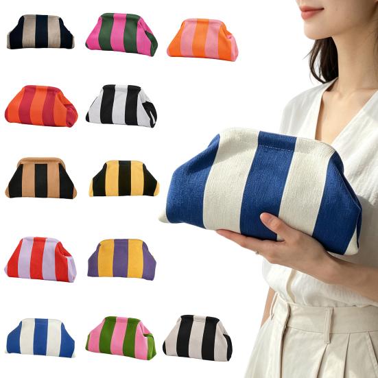 Lightweight Vacation Bag Women Woven Striped Clutch Purse, Large Capacity Kiss Lock Travel Makeup Organizer Cosmetic Pouch, Summer Beach Evening