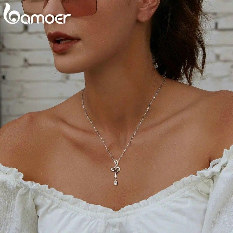 BAMOER 925 Sterling Silver Snake Pendant Necklace Pave Setting CZ for Women Adjustable Chain Link Fine Jewelry Party Gift