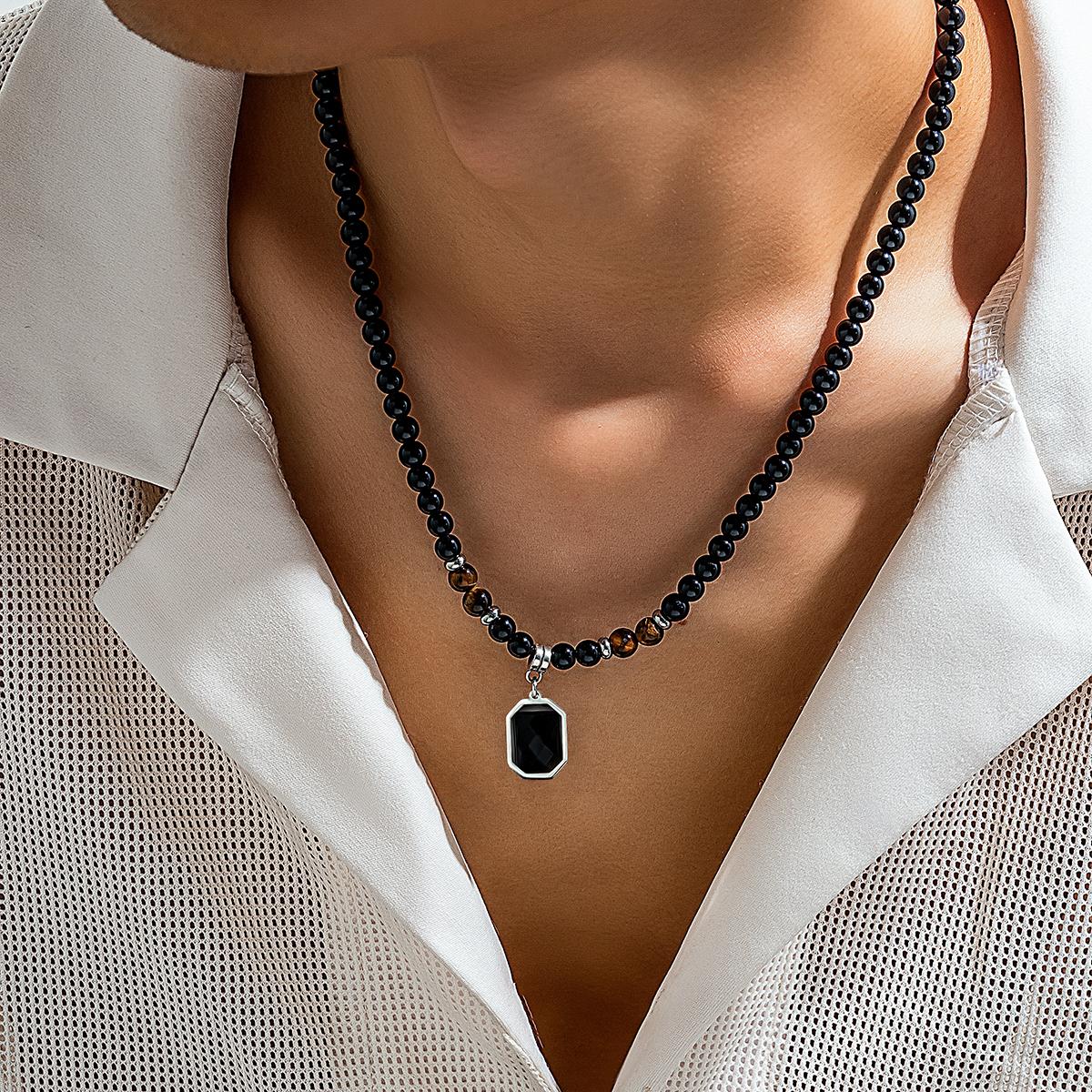 

Black Beads with Square Pendant Necklace for Men Trendy Accessories on the Neck Collar 2026 Fashion Jewelry Male Gift Decoration чёрный