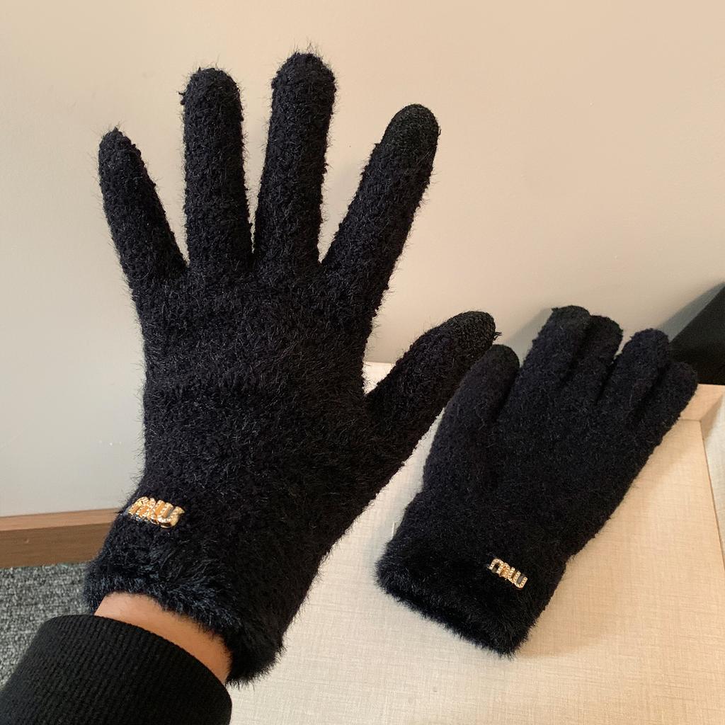 Simple solid color plush five-finger plush warm gloves women's winter versatile riding windproof and cold-proof can touch the screen students