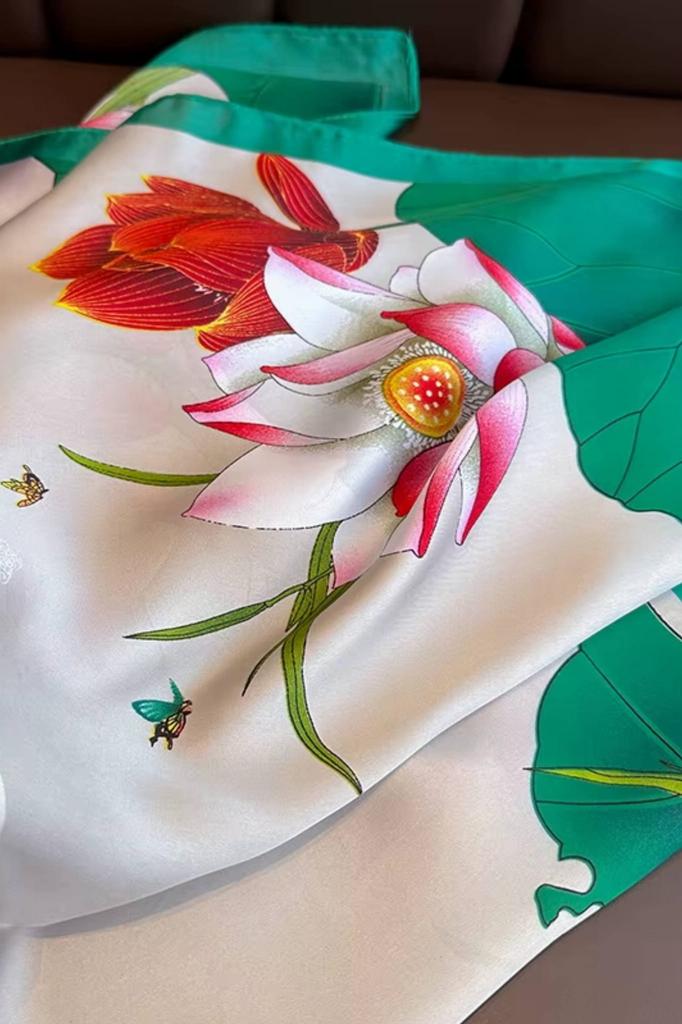Satin Scarf 70x70 - Cream with Lotus Flower and Green Frame