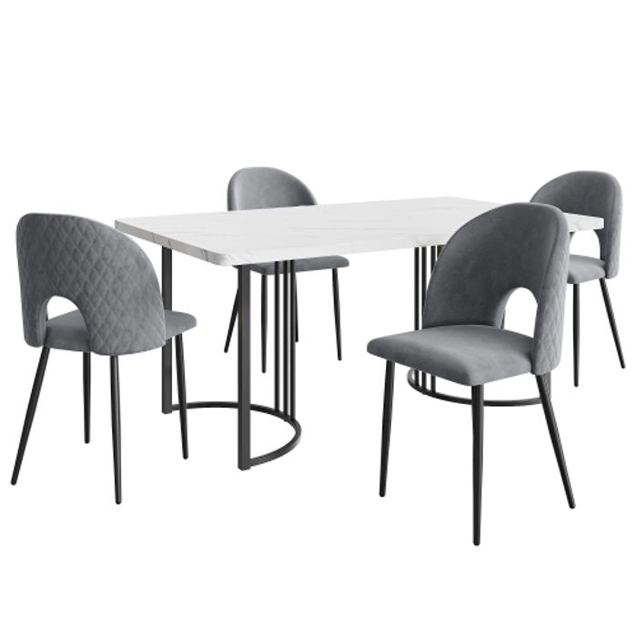 Dining Room Set - MUVOE - 140 X 80 Cm - 4 Velvet Chairs - Adjustable Feet - White MDF
