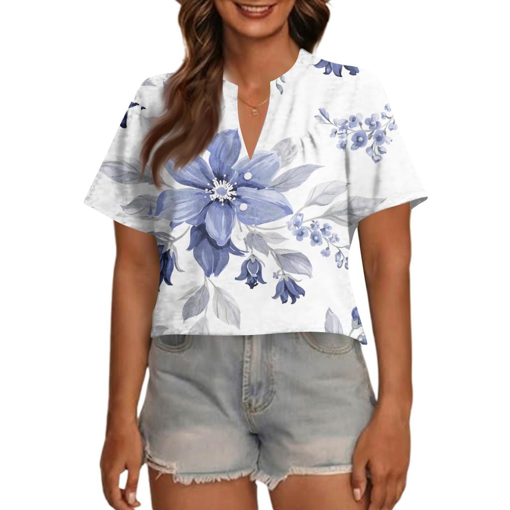 Women's Fashionable Casual V Neck Button Up Oversized Short Sleeve Printed Top