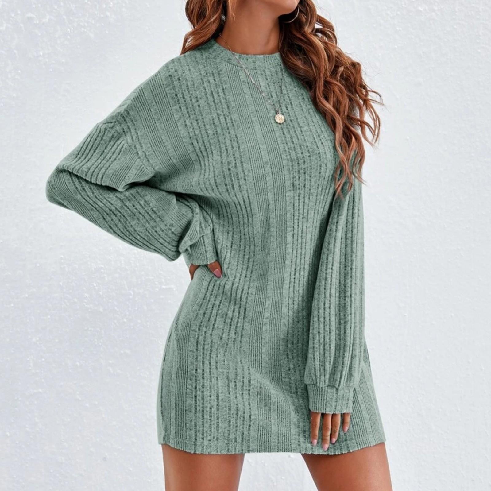

Women s Casual And Fashionable Round Neck Long Sleeved Dress, Knitted Pullover Round Neck Long Sleeved Dress L зелений