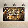 2D Men's Beer Birthday Backdrop Black Gold Theme with Barrel, Glasses & Balloons