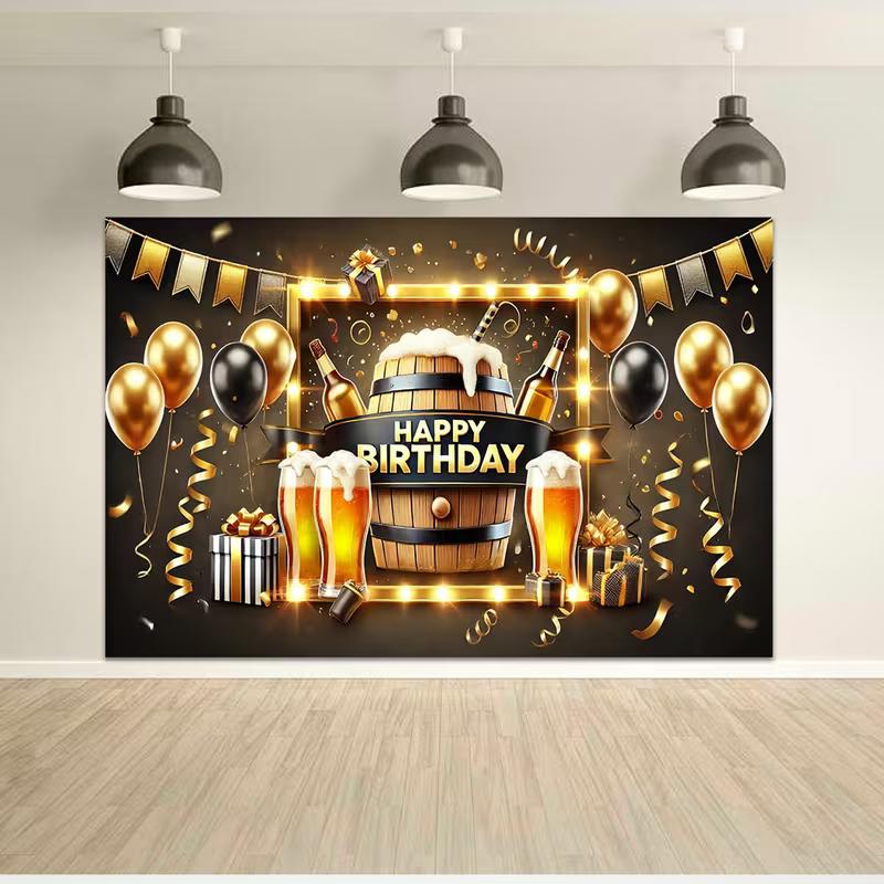 

2D Men s Beer Birthday Backdrop Black Gold Theme with Barrel, Glasses & Balloons 47.2x31.5inch/120*80cm