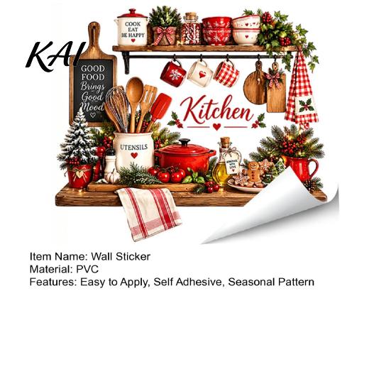 Christmas Party Scene Decoration Kitchen Wall Sticker, Self Adhesive PVC Decal, Festive Utensils Easy Apply Holiday Art Seasonal Holly Gingerbread Man