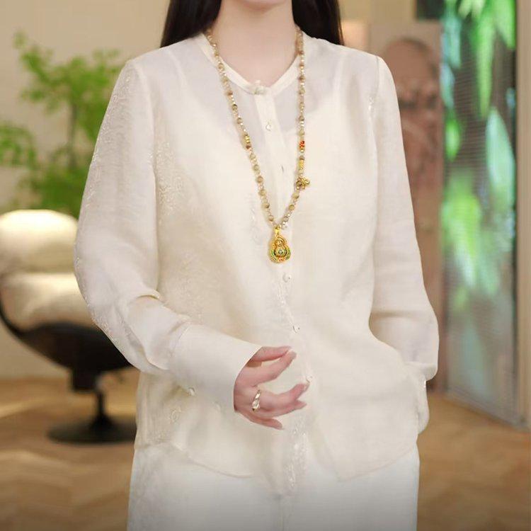 

Spring Ruffle Collar Women s Slimming Long Sleeve Top - National Wind Style M (suggested for 90-115 jin) бежевый