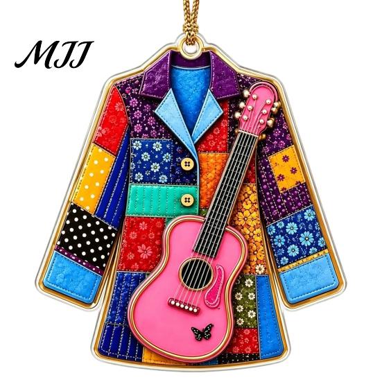 Artistic Guitar Hanging Decor Acrylic Christmas Ornament, Patchwork Jacket Butterfly Flat Pendant Tree Ornaments with Gold String for Wall Car, Music