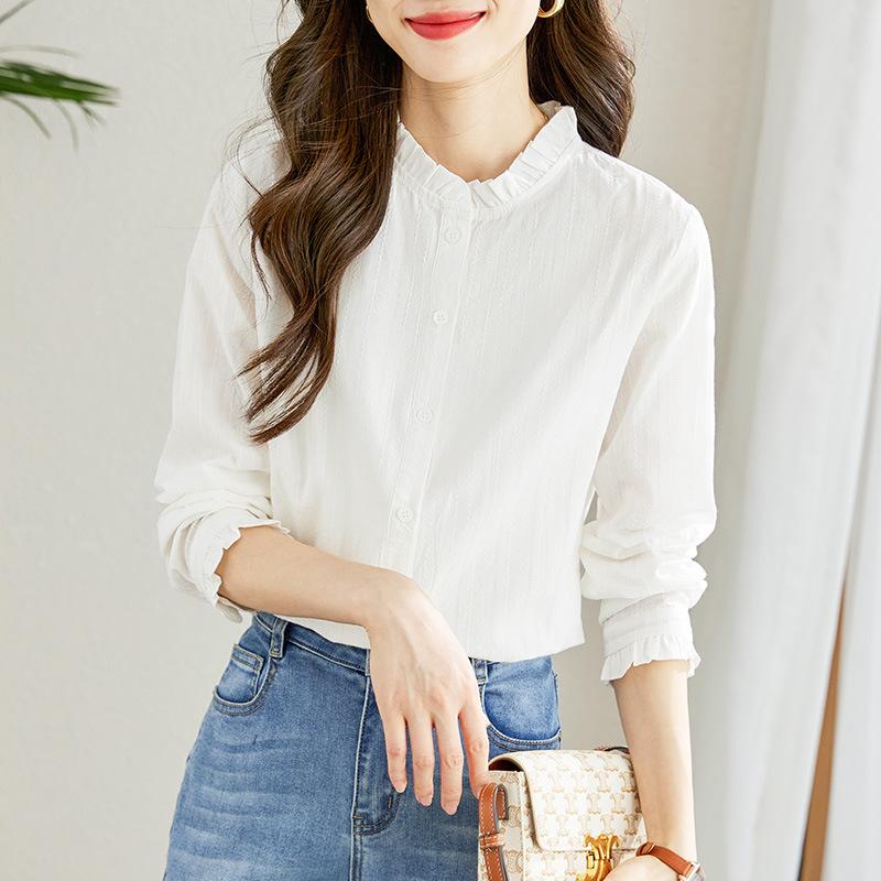 

White Shirt with Black Fungus Collar Inside Women s Long-sleeved Spring New Pure Cotton Top Shirt Bottom Shirt XXL