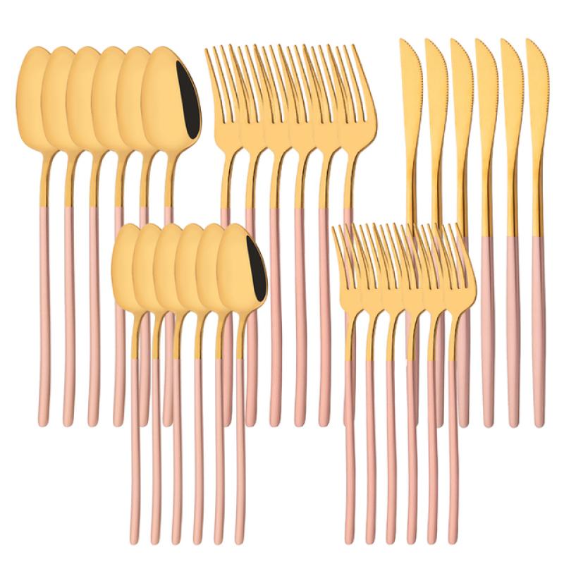 White Gold 30Pcs Dinnerware Set Knife Dessert Fork Spoon Tableware Cutlery Set 18/10 Stainless Steel Flatware Silverware Sets