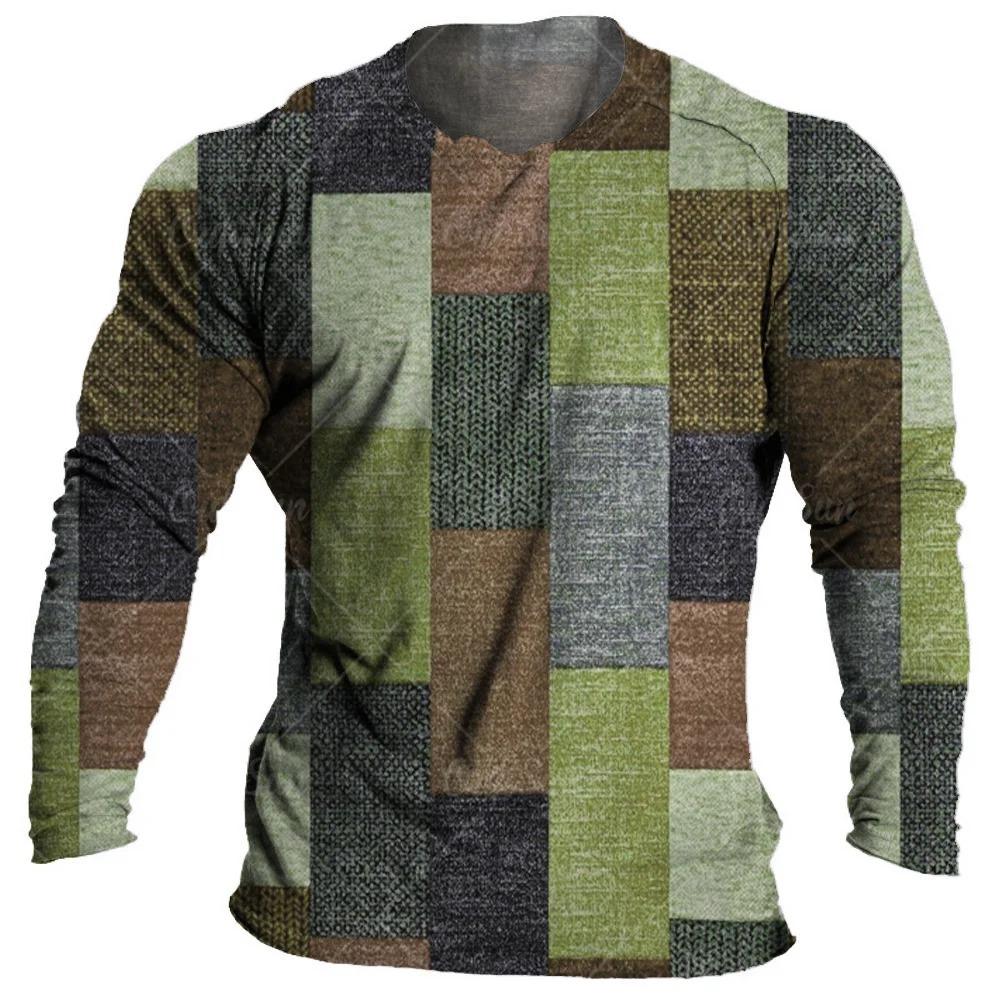 Vintage Multi color Plaid splicing 3D Print Men's T-shirts Autumn New Long Sleeve Tops Daily T Shirt For Man Patchwor Clothing