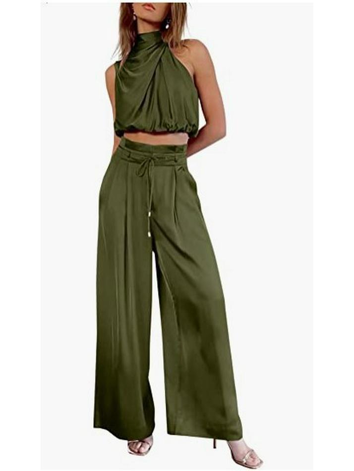 Damen Ärmelloses Stehkragen Crop Top & Weitbein Hose Set
