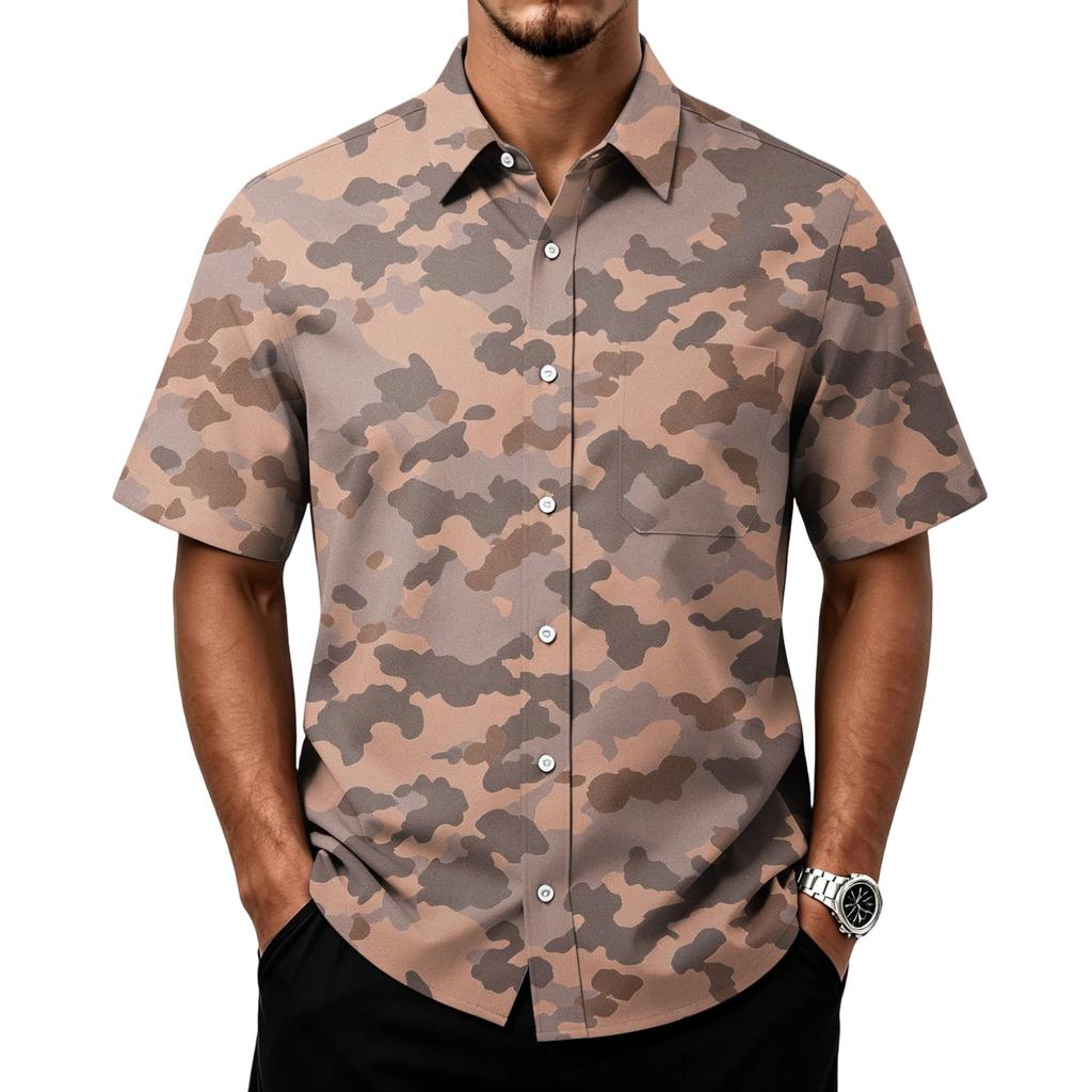 Men's Casual Short Sleeve Button Down Shirt Lightweight Breathable Fabric Classic Fit with Front Pocket Camouflage Print