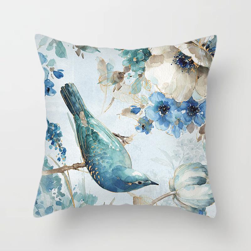 Blue flower and bird printed polyester square cushion cover for home living room sofa office decoration waist cushion pillowcase