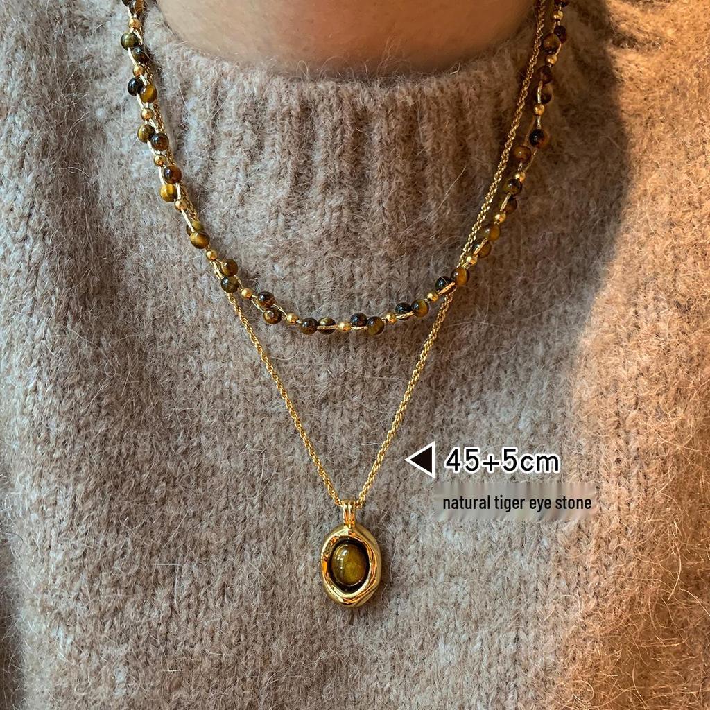 Gold-Plated Tiger Eye Beaded Necklace - Retro Y2K Clavicle Chain, High-End Versatile Jewelry