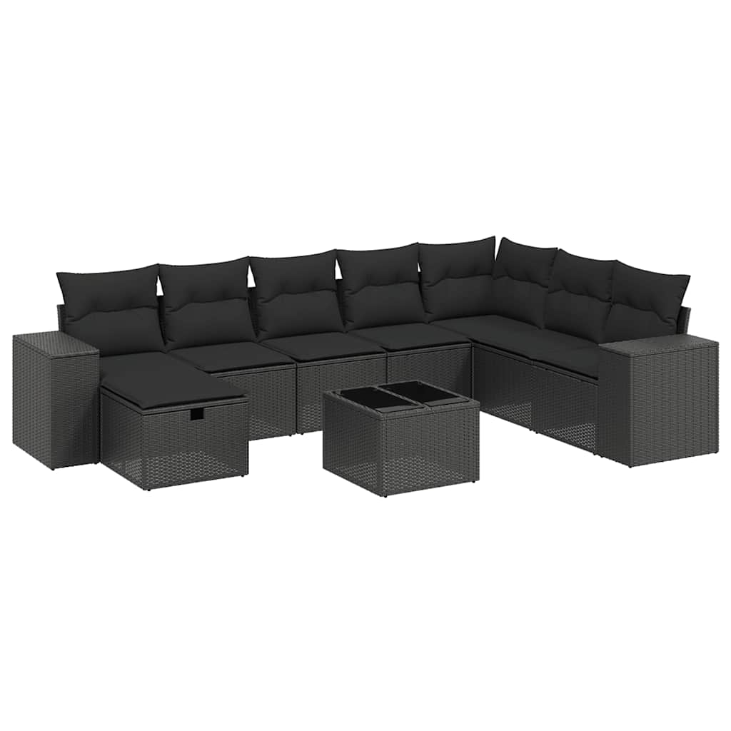 9 piece garden sofa set with cushions black poly rattan