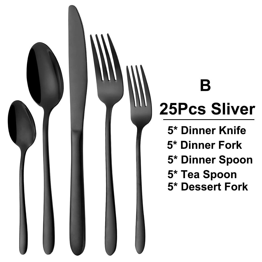 15/20/25/30Pcs Black Tableware Western Dinnerware Stainless Steel Cutlery Set Mirror Knife Fork Spoon Dessert Fork Flateware
