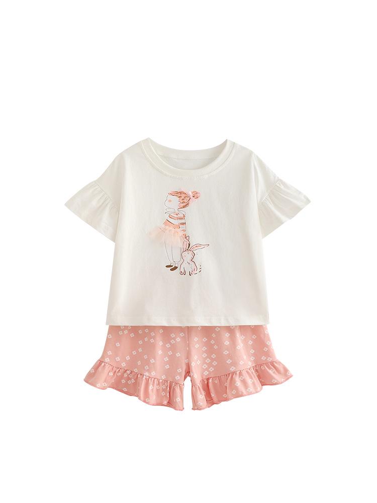 Modny letni dwuczęściowy strój dla dziewczynek - Krótki rękaw, okrągły dekolt, dla małych i średnich dzieci.