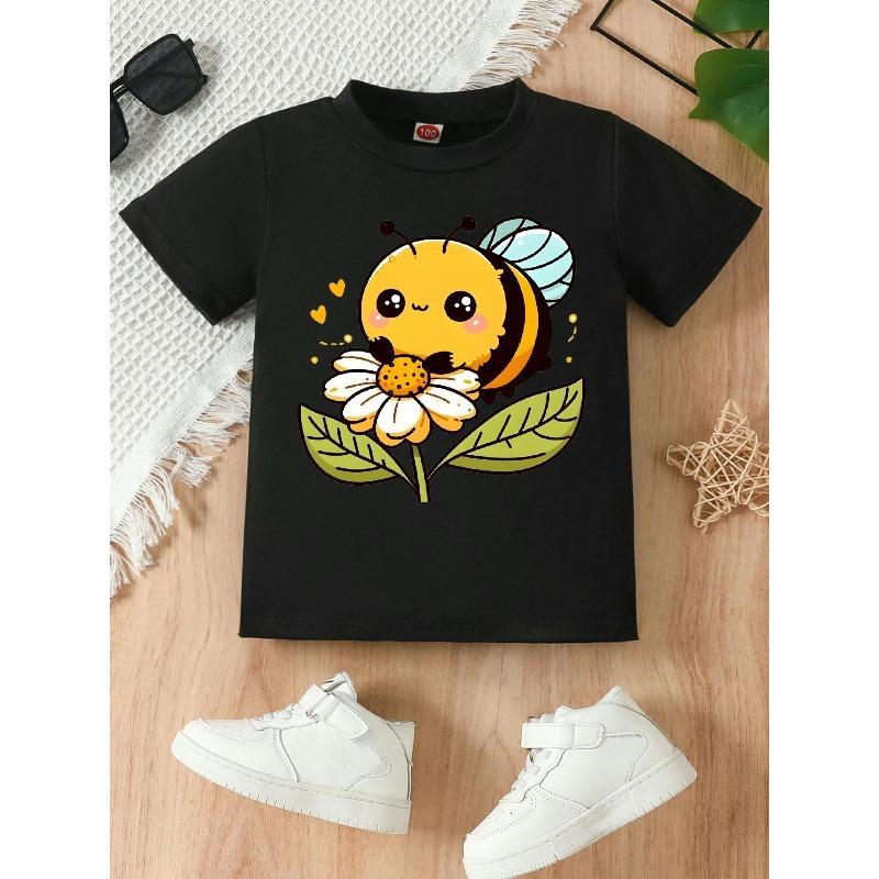 European Size Girls Round-neck Short-sleeved T-shirt with Cartoon Pattern of A Little Bee Collecting Nectar