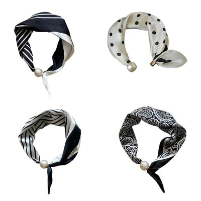 Elegant Pearls Magnetic Closure Scarf Neckwear For Women with Stripe/Dotted Pattern Neck Wrap Office Party Accessory