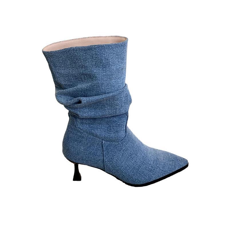 Women’s 2024 Autumn Retro Slim Heel Pleated Mid-Tube Pointed Toe Boots