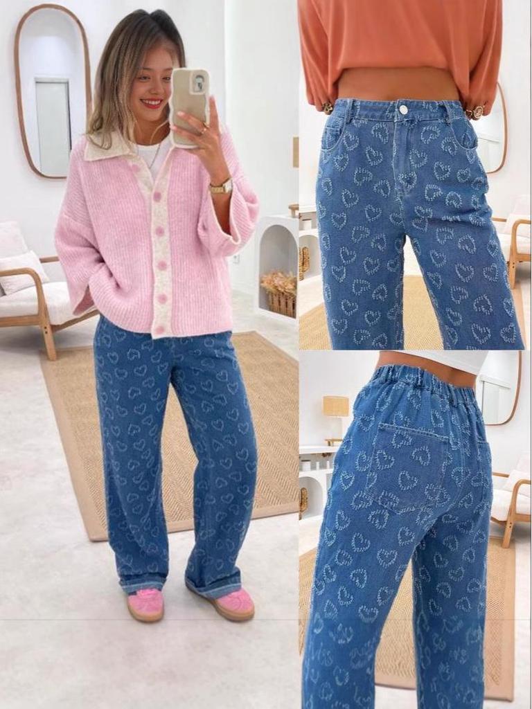 2025 Women's Heart Crochet Washed Straight-Leg Jeans - Autumn/Winter Casual Comfort