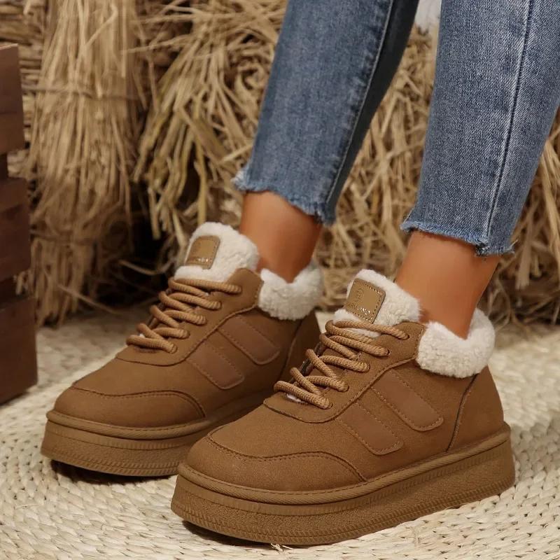 Women's Ankle Snow Boots Fur Suede Short Plush Platform Shoes Winter Casual Walking Sports Flats Comfortable Cotton Botas Mujer