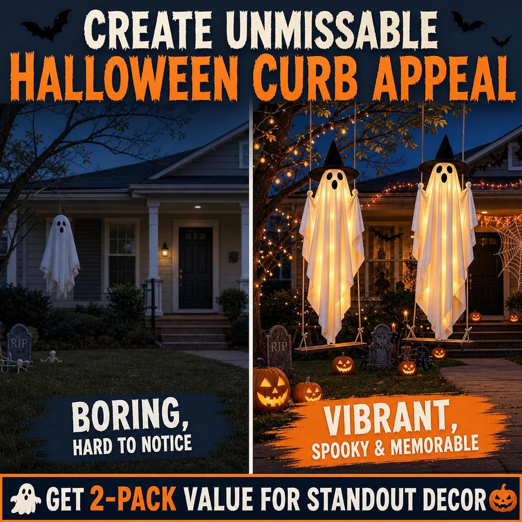 Grand Fantôme Volant Suspendu de 1,5 m Décoration d'Halloween avec Balancement Éclairé Design Flottant pour Porche Avant Jardin Arbre Cour Fêtes Arrière-Cour 1 Paquet