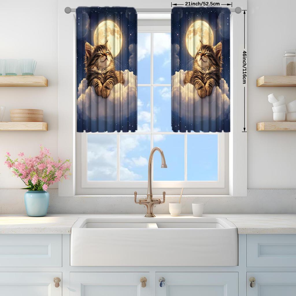 2-Panels The Cute Cat Sleeps Soundly On The Clouds At Night Printed Curtains   Suitable for Artistic Home Decorative Curtains