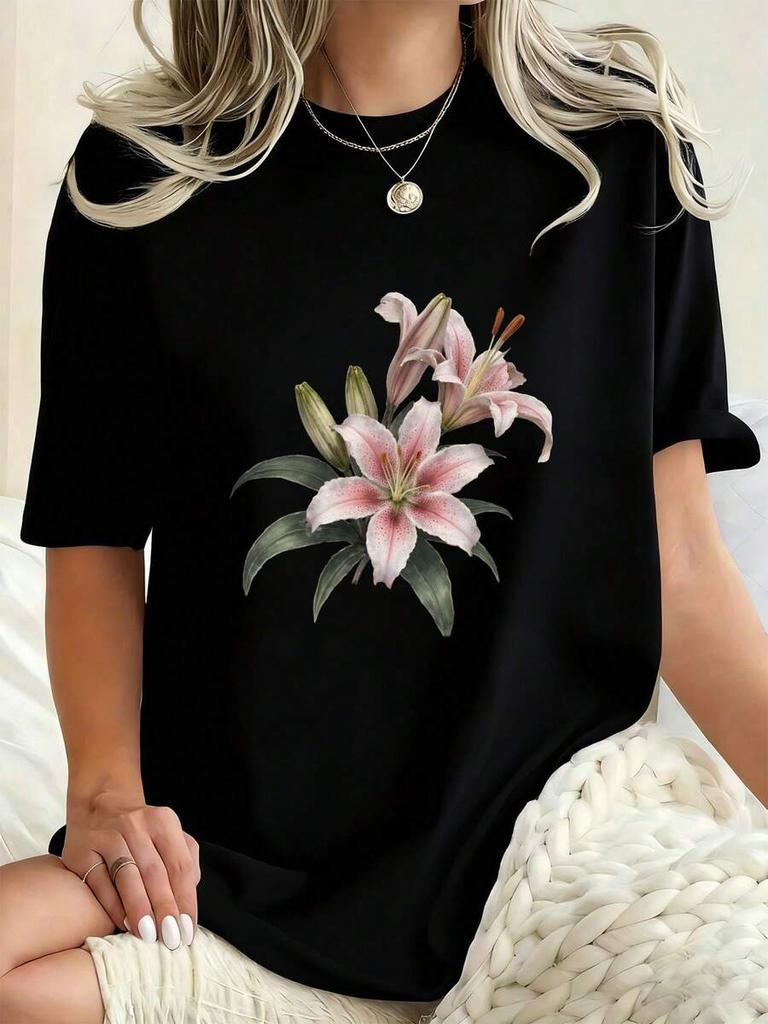 Tshirt White Crew Neck Pink Lily Green Leaves Floral Print Floral Aesthetic Versatile Summer Casual Daily Tops Multicolors