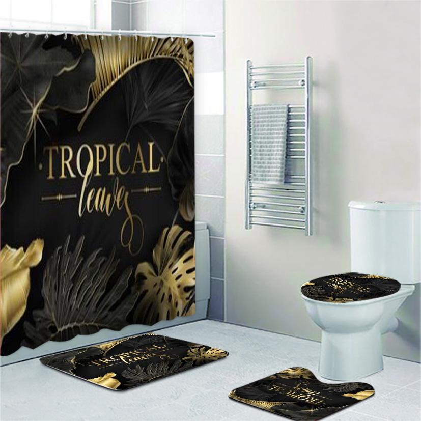 Black And Gold Tropical Plant Palm Leaf Bathroom Shower Curtain Set For Bathtub Exotic Leaves Bath Mats Rugs Toilet Home Decor