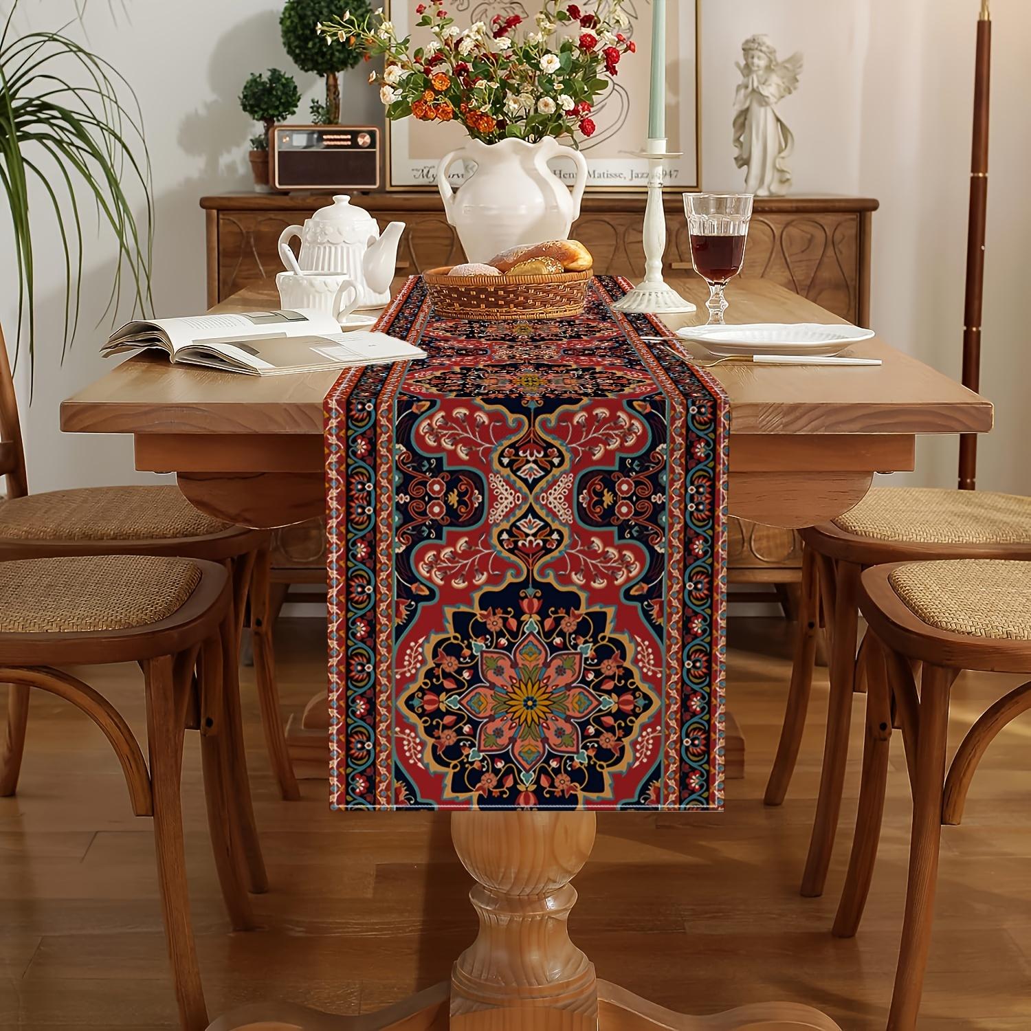 1 Retro Turkish Bohemian Tablecloth Farmhouse Style Orange Red Blue Gold Geometric Floral Motifs Polyester Applicable For Dining 33x180cm