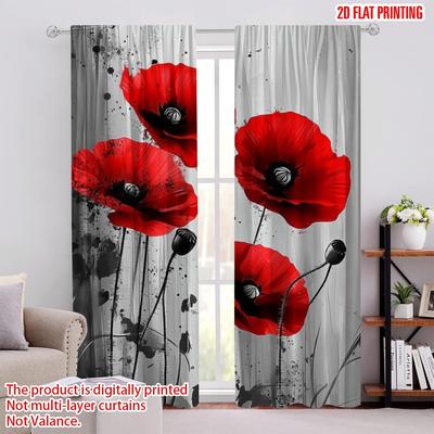 2pcs,2D Plane Printing Curtains&Window Treatment Scarlet Poppies Polyester Woven (without Rod) Art Deco Festive for Bedroom,