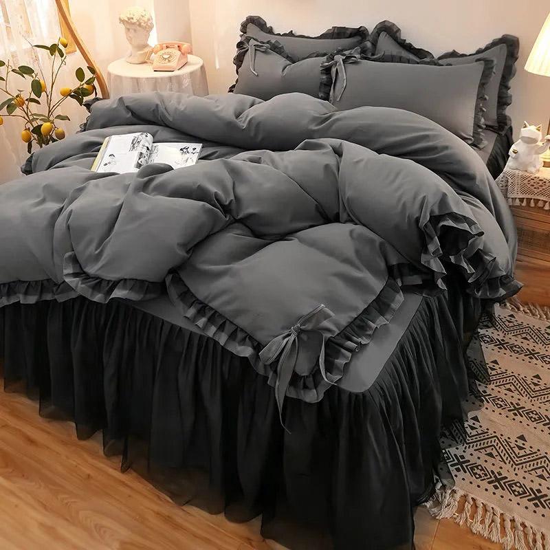 4pcs/set Korean Version Thickened Brushed Four-piece Sets Non-slip Bedspread Lace Ruffled Bed Skirt Princess Style Bedding Set