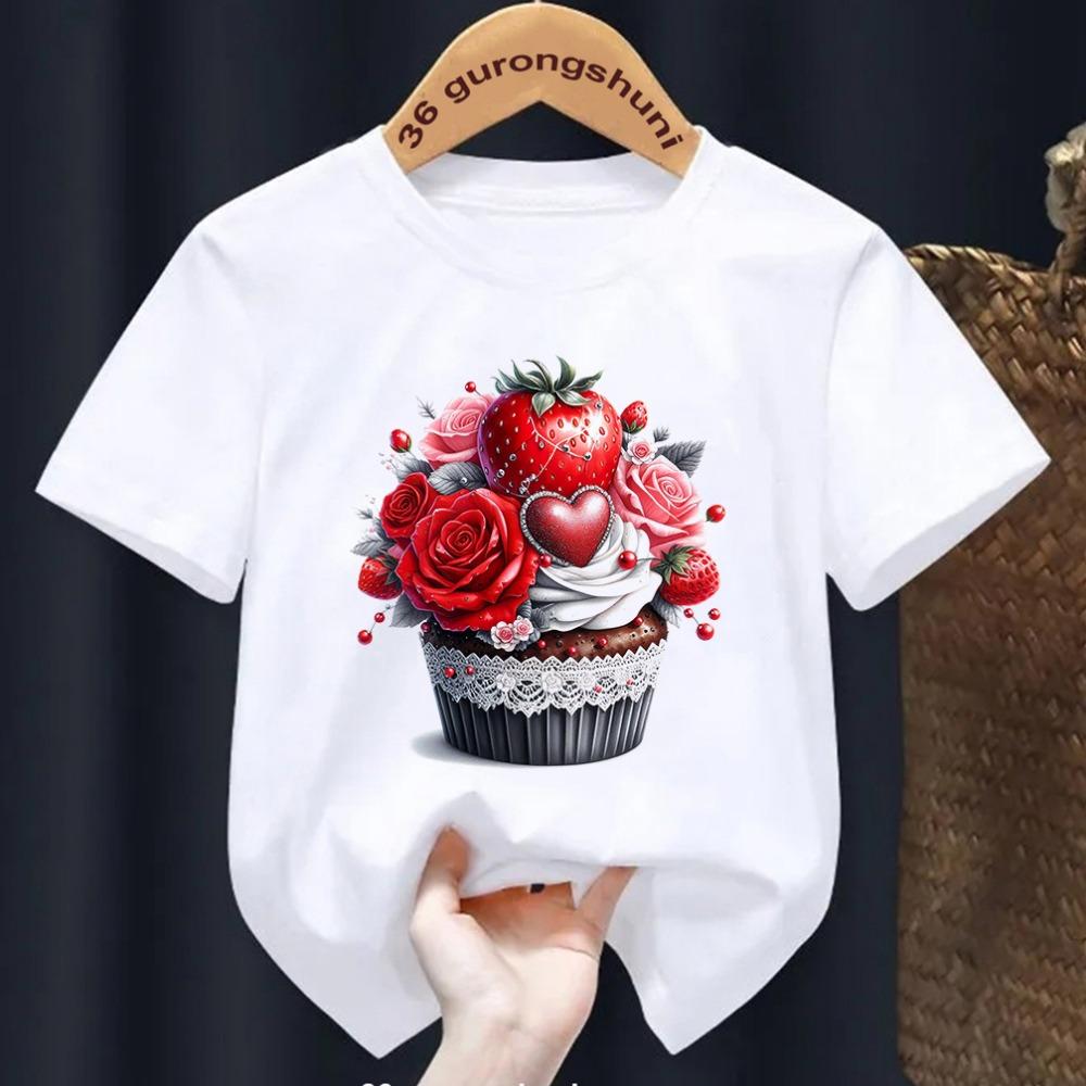 Erdbeerkuchen-Print T-Shirt Kinder Sommermode Kinder Cartoon T-Shirt Rundhals Kurzarm Mädchen T-Shirt Tops 1-14 Jahre