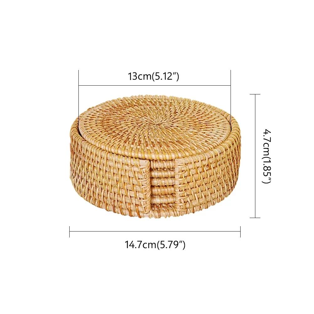6 Stück Gewebte Rattan-Untersetzer-Set Mit Halter Tischmatte Platzdeckchen Kaffee Tee Tasse Untersetzer Topf Schüssel Matte Glasboden Küchenzubehör