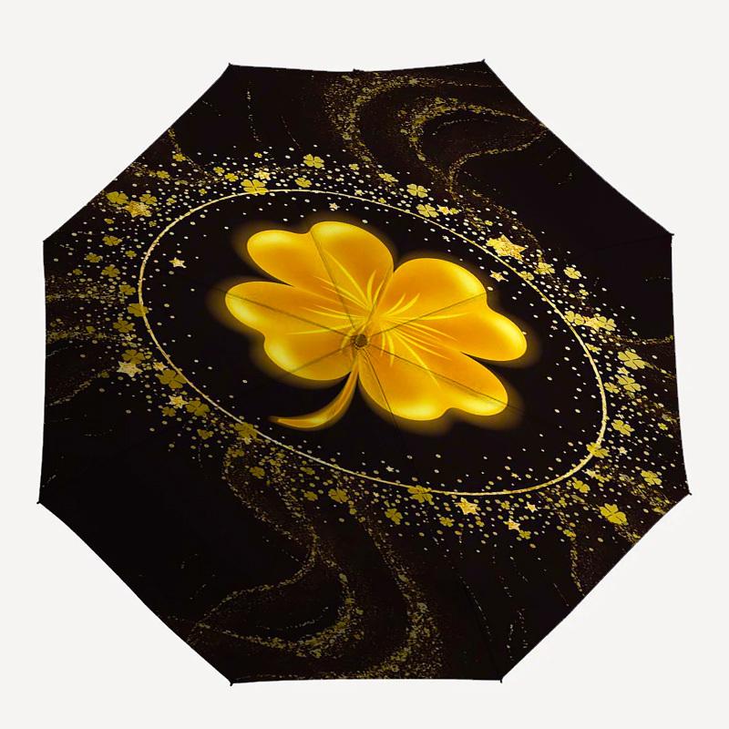 1pc Golden Clover on Black Marble Background Umbrella with Plastic Handle,Vibrant Cartoon Pattern,Multi-functional UmbrellaPT219