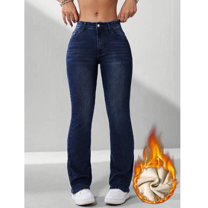 2025 Autumn/Winter Retro Women s Blue Velvet Denim Stretch Bell Bottoms XS