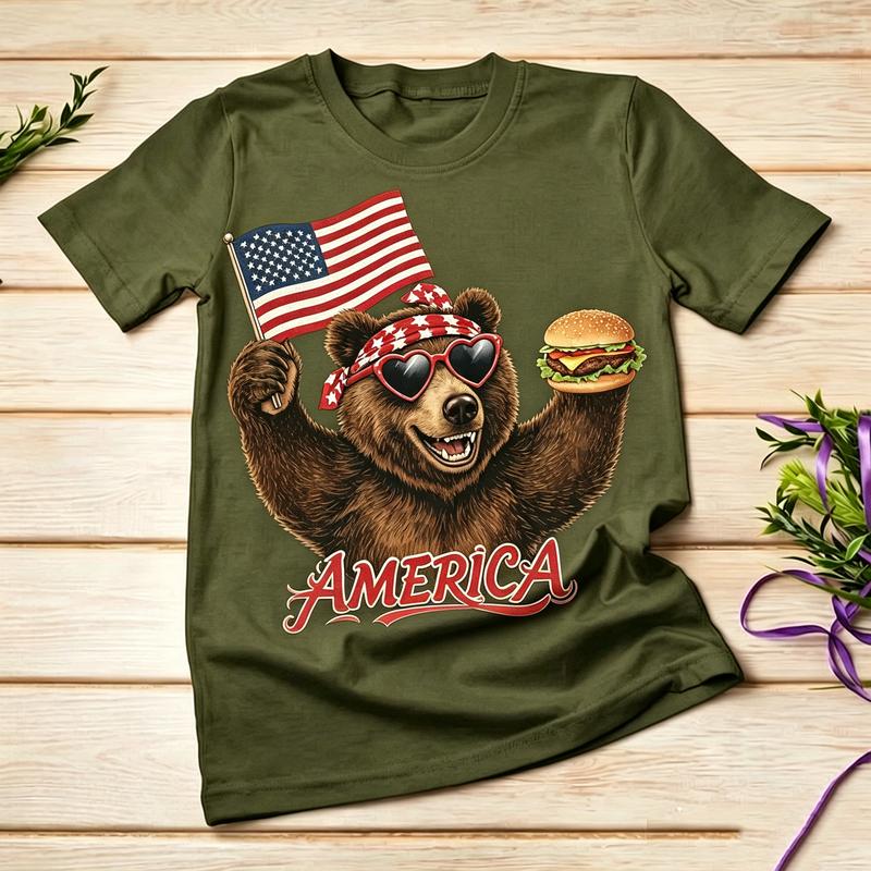 American Flag Bear Burger Graphic TShirt for Unisex Unisex 100 Cotton Casual Summer Streetwear Gift