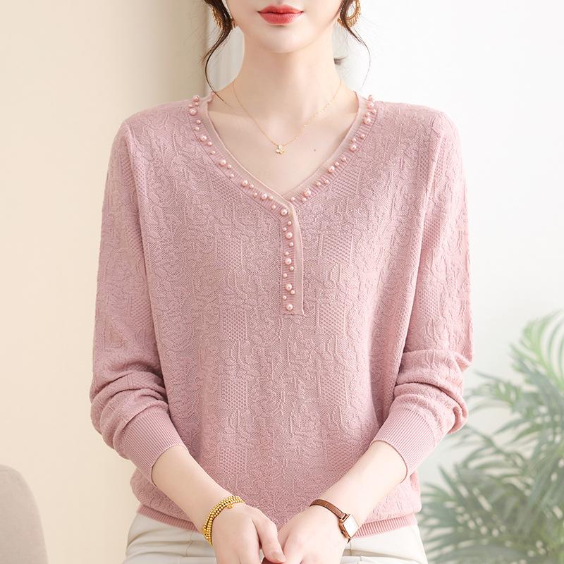 Spring Autumn V-neck Beading Bottomed Knitting Top Women Long Sleeve All-match Pullover Sweater